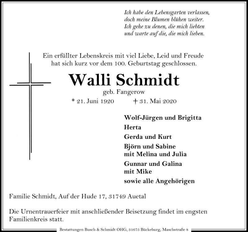  Traueranzeige für Walli Schmidt vom 06.06.2020 aus Schaumburger Nachrichten
