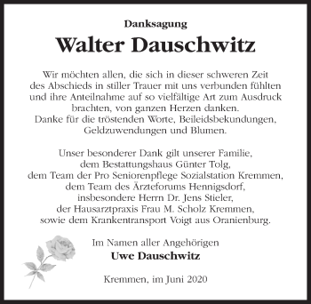 Traueranzeige von Walter Dauschwitz von Märkischen Allgemeine Zeitung