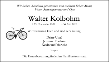 Traueranzeige von Walter Kolbohm von Lübecker Nachrichten