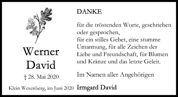 Traueranzeige von Werner David von Lübecker Nachrichten