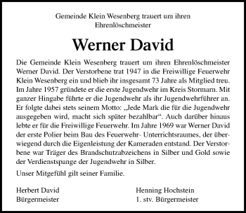 Traueranzeige von Werner David von Lübecker Nachrichten