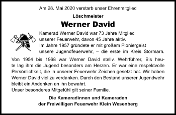 Traueranzeige von Werner David von Lübecker Nachrichten