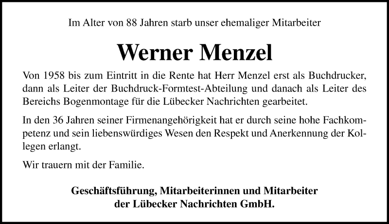  Traueranzeige für Werner Menzel vom 28.06.2020 aus Lübecker Nachrichten