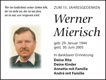 Traueranzeige von Werner Mierisch von Leipziger Volkszeitung