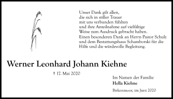Traueranzeige von Werner Leonhard Johann Kiehne von Kieler Nachrichten
