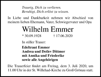 Traueranzeige von Wilhelm Emmer von Lübecker Nachrichten