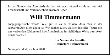 Traueranzeige von Willi Timmermann von Lübecker Nachrichten