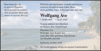 Traueranzeige von Wolfgang Ave von Ostsee-Zeitung GmbH