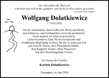 Traueranzeige von Wolfgang Dolatkiewicz von Märkischen Allgemeine Zeitung
