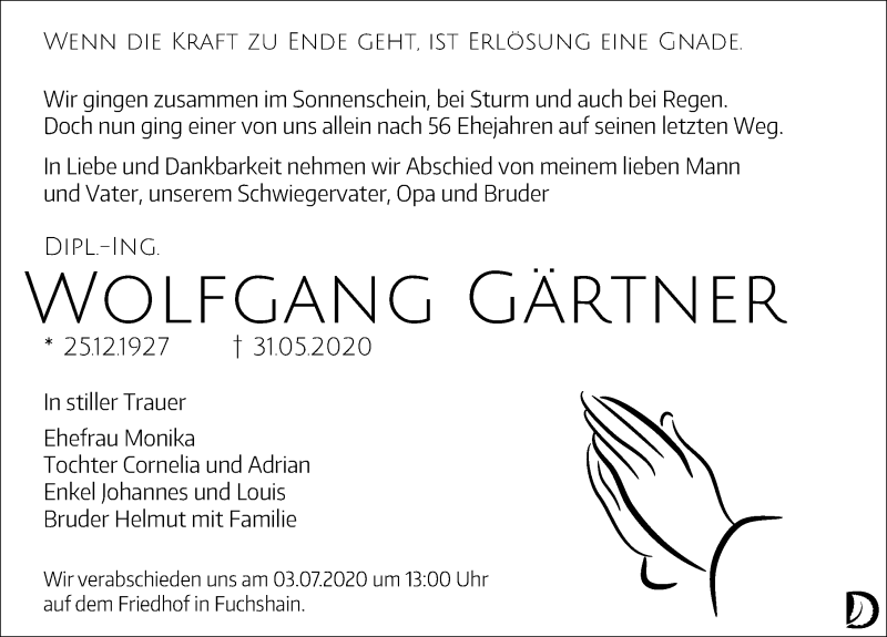  Traueranzeige für Wolfgang Gärtner vom 06.06.2020 aus Leipziger Volkszeitung