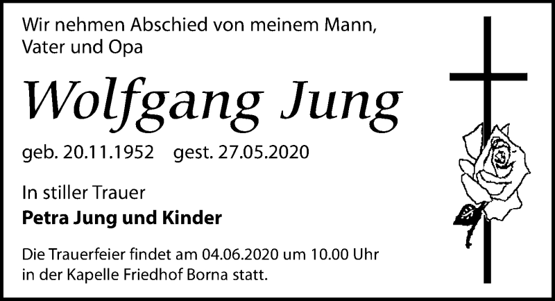  Traueranzeige für Wolfgang Jung vom 02.06.2020 aus Leipziger Volkszeitung