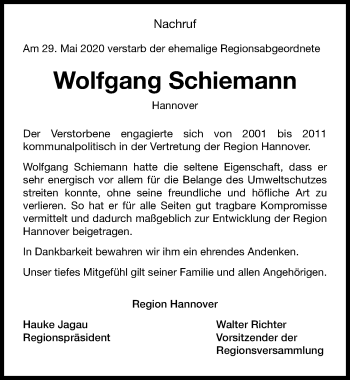 Traueranzeige von Wolfgang Schiemann von Hannoversche Allgemeine Zeitung/Neue Presse