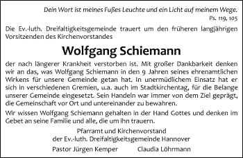 Traueranzeige von Wolfgang Schiemann von Hannoversche Allgemeine Zeitung/Neue Presse