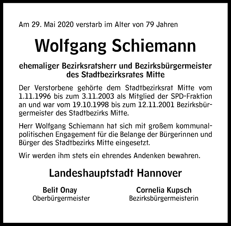  Traueranzeige für Wolfgang Schiemann vom 04.06.2020 aus Hannoversche Allgemeine Zeitung/Neue Presse