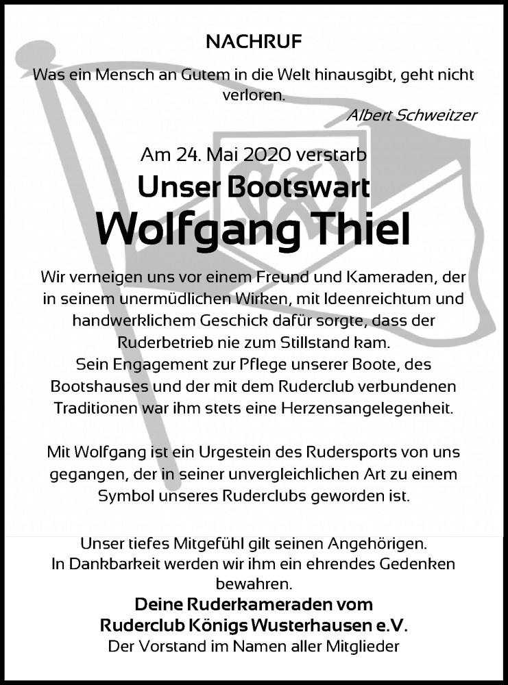  Traueranzeige für Wolfgang Thiel vom 08.06.2020 aus Märkischen Allgemeine Zeitung