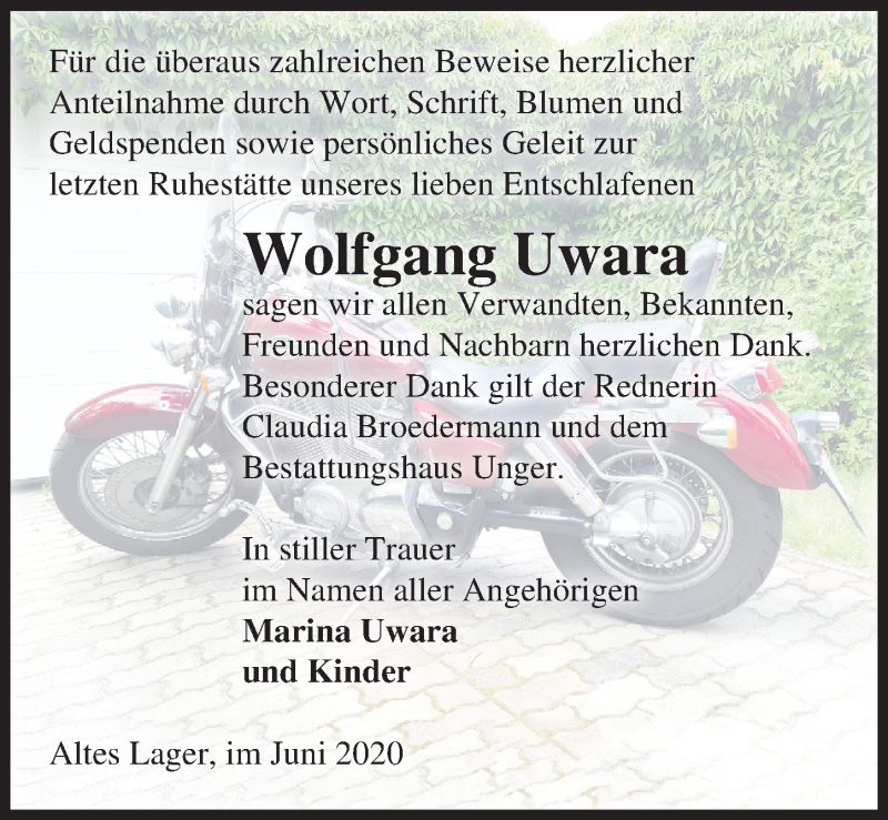  Traueranzeige für Wolfgang Uwara vom 20.06.2020 aus Märkischen Allgemeine Zeitung