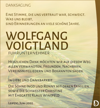 Traueranzeige von Wolfgang Voigtland von Leipziger Volkszeitung