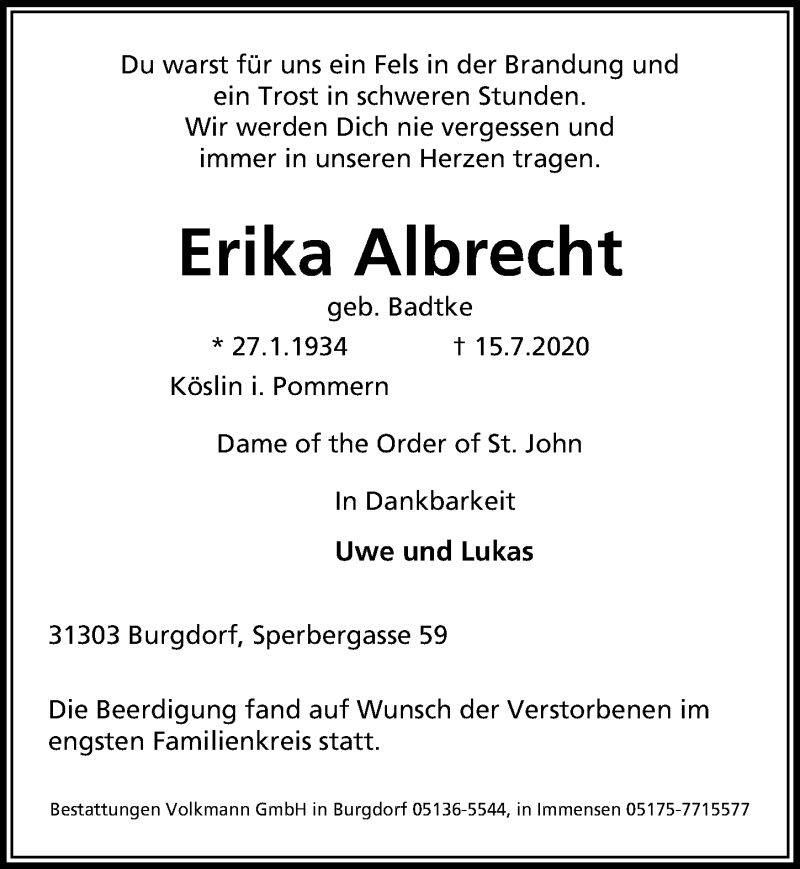  Traueranzeige für Erika Albrecht  vom 22.07.2020 aus 