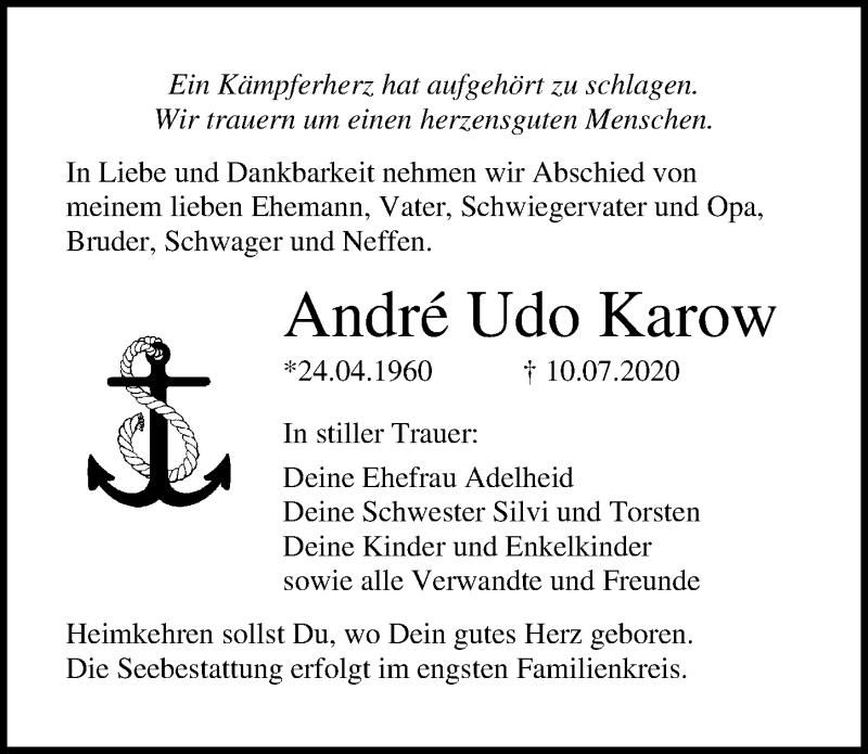  Traueranzeige für Andre Udo Karow vom 18.07.2020 aus Ostsee-Zeitung GmbH