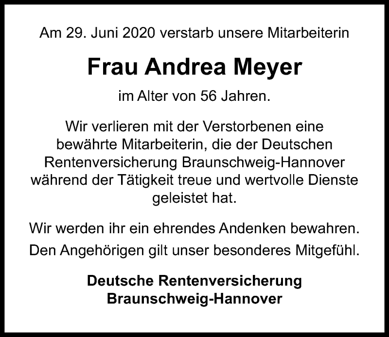  Traueranzeige für Andrea Meyer Meyer vom 11.07.2020 aus Hannoversche Allgemeine Zeitung/Neue Presse