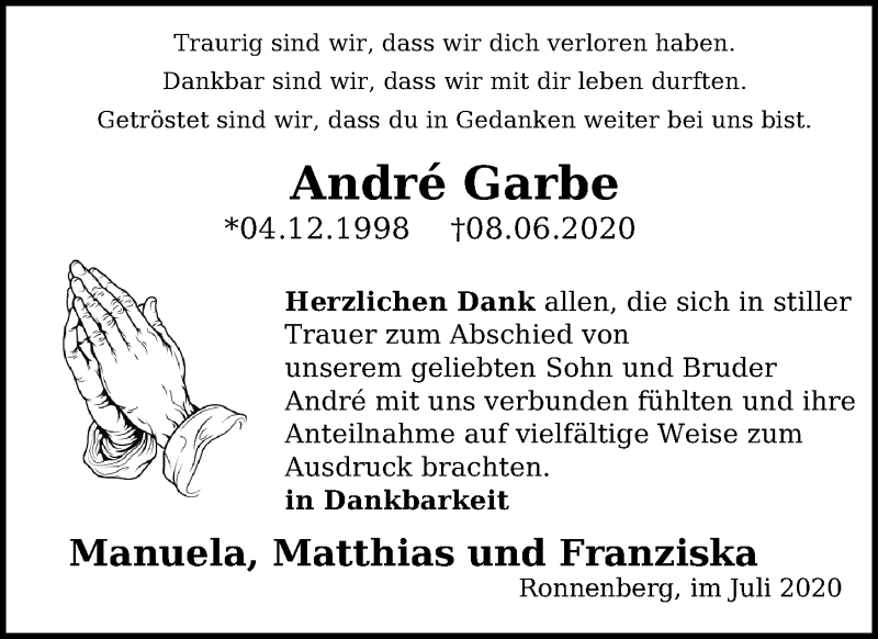  Traueranzeige für André Garbe vom 04.07.2020 aus Hannoversche Allgemeine Zeitung/Neue Presse