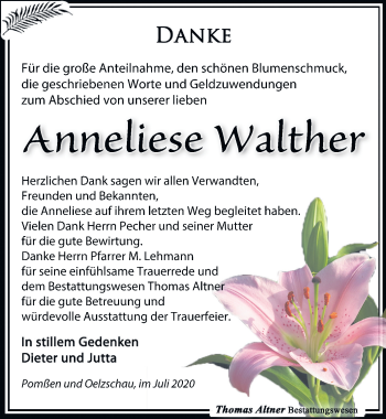 Traueranzeige von Anneliese Walther von Leipziger Volkszeitung