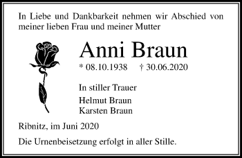 Traueranzeige von Anni Braun von Ostsee-Zeitung GmbH