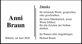 Traueranzeige von Anni Braun von Ostsee-Zeitung GmbH