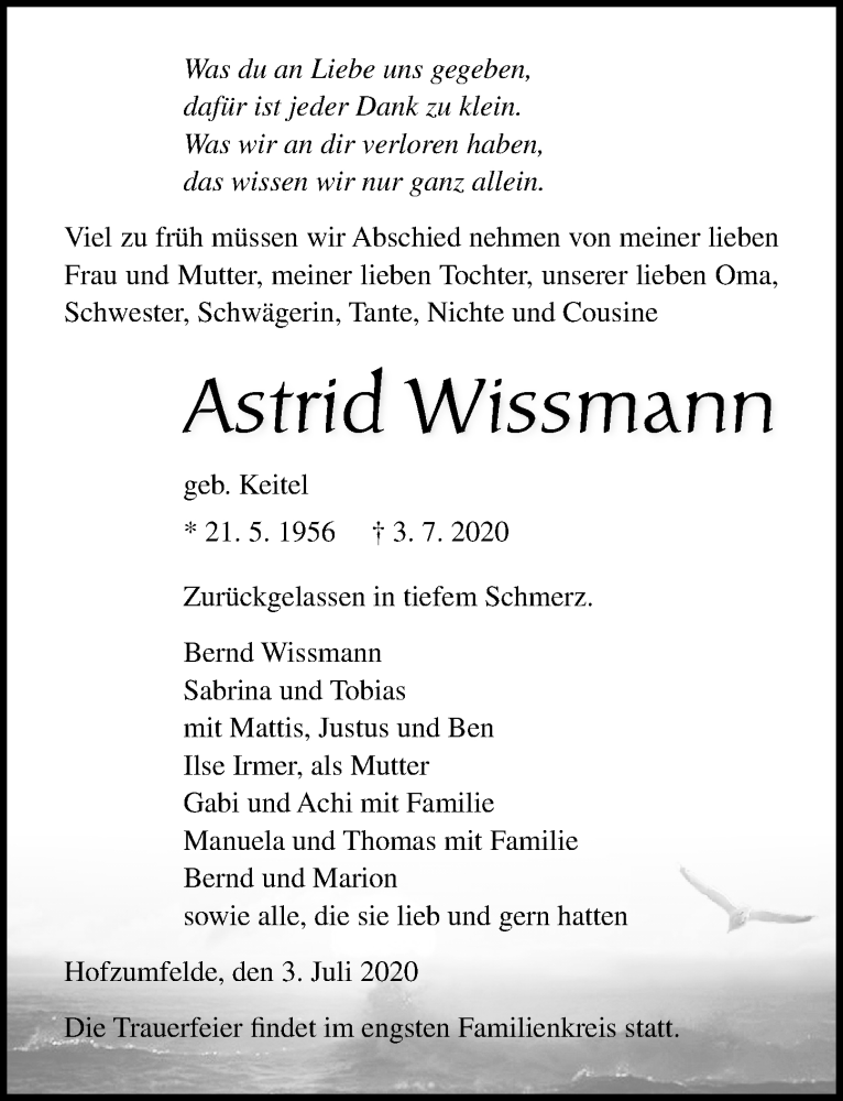  Traueranzeige für Astrid Wissmann vom 10.07.2020 aus Ostsee-Zeitung GmbH