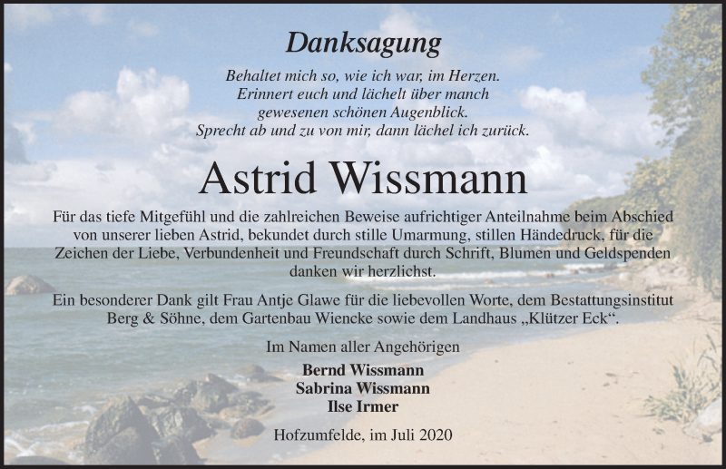  Traueranzeige für Astrid Wissmann vom 31.07.2020 aus Ostsee-Zeitung GmbH