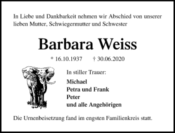 Traueranzeige von Barbara Weiss von Lübecker Nachrichten
