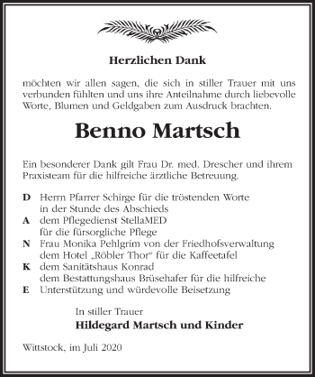 Traueranzeige von Benno Martsch von Märkischen Allgemeine Zeitung
