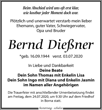 Traueranzeige von Bernd Dießner von Leipziger Volkszeitung