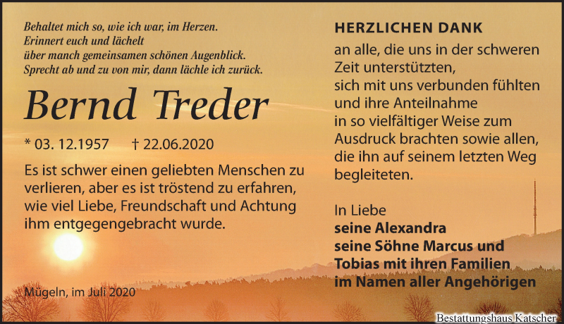  Traueranzeige für Bernd Treder vom 25.07.2020 aus Leipziger Volkszeitung