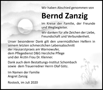 Traueranzeige von Bernd Zanzig von Ostsee-Zeitung GmbH