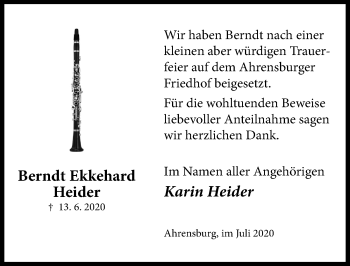 Traueranzeige von Berndt Ekkehard Heider von Aller Zeitung