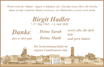 Traueranzeige von Birgit Hadler von Ostsee-Zeitung GmbH
