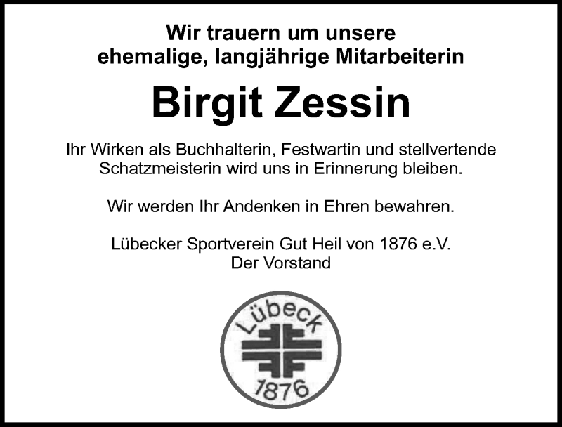  Traueranzeige für Birgit Zessin vom 05.07.2020 aus Lübecker Nachrichten
