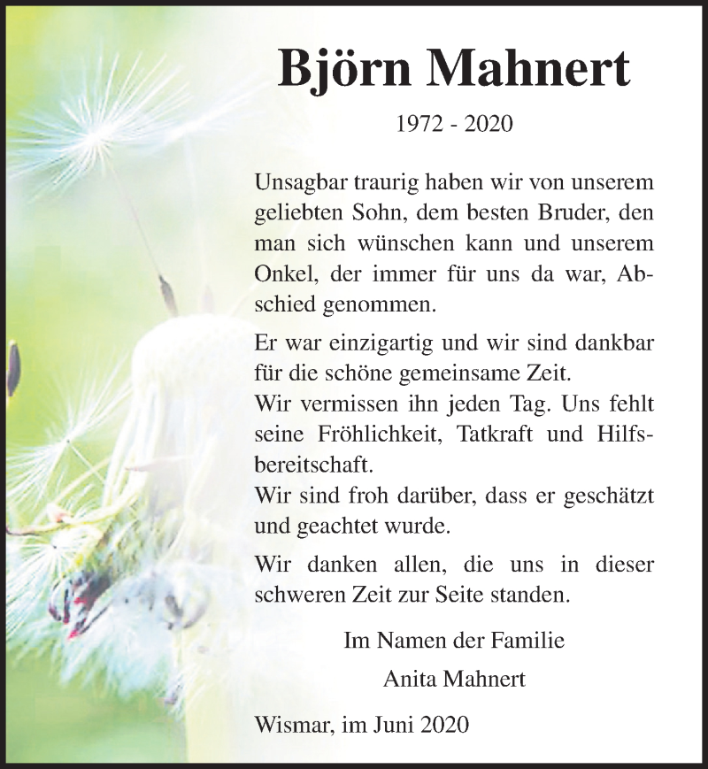  Traueranzeige für Björn Mahnert vom 02.07.2020 aus Ostsee-Zeitung GmbH