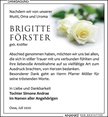 Traueranzeige von Brigitte Förster von Leipziger Volkszeitung