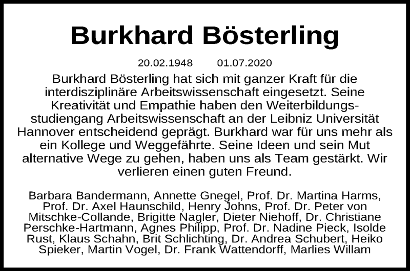  Traueranzeige für Burkhard Bösterling vom 04.07.2020 aus Hannoversche Allgemeine Zeitung/Neue Presse