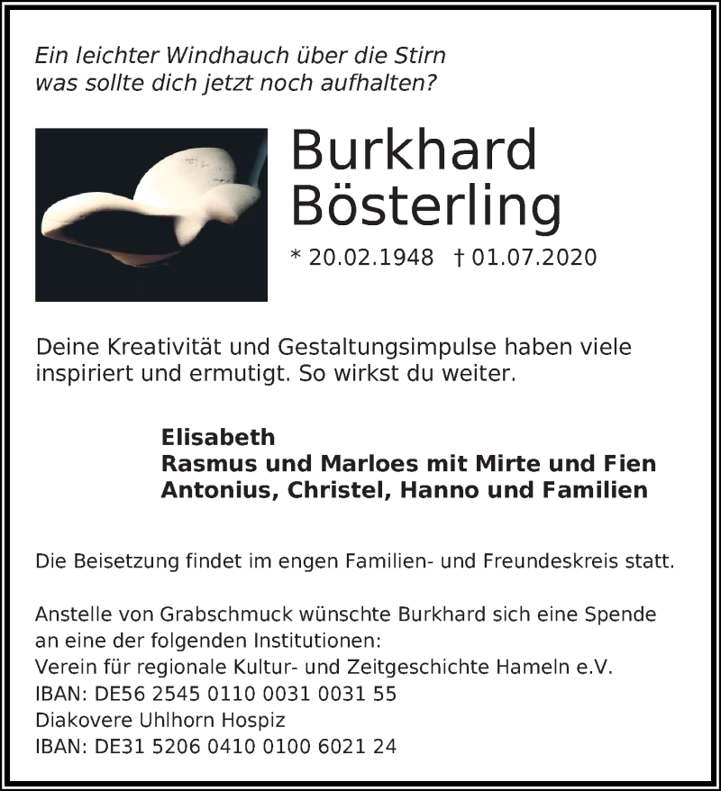  Traueranzeige für Burkhard Bösterling vom 04.07.2020 aus Hannoversche Allgemeine Zeitung/Neue Presse