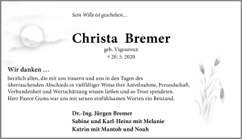 Traueranzeige von Christa Bremer von Hannoversche Allgemeine Zeitung/Neue Presse