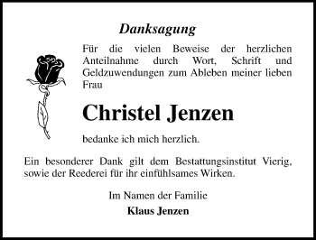 Traueranzeige von Christel Jenzen von Ostsee-Zeitung GmbH