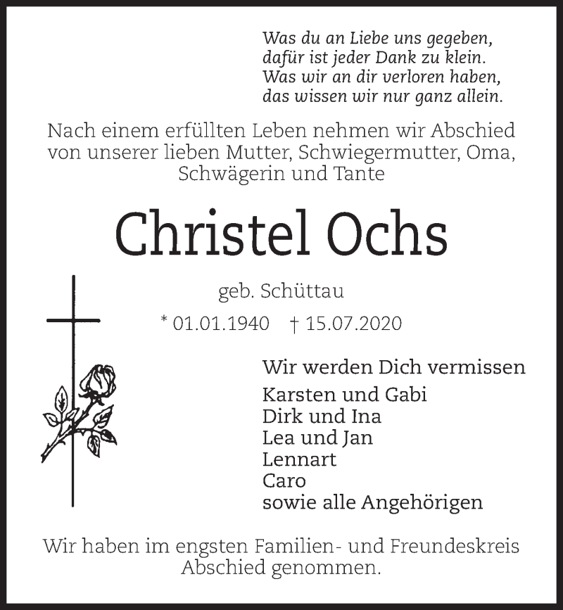  Traueranzeige für Christel Ochs vom 25.07.2020 aus Kieler Nachrichten