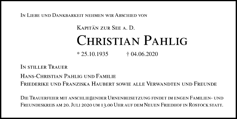  Traueranzeige für Christian Pahlig vom 04.07.2020 aus Ostsee-Zeitung GmbH
