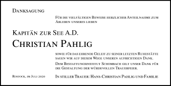 Traueranzeige von Christian Pahlig von Ostsee-Zeitung GmbH
