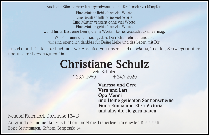  Traueranzeige für Christiane Schulz vom 28.07.2020 aus Aller Zeitung