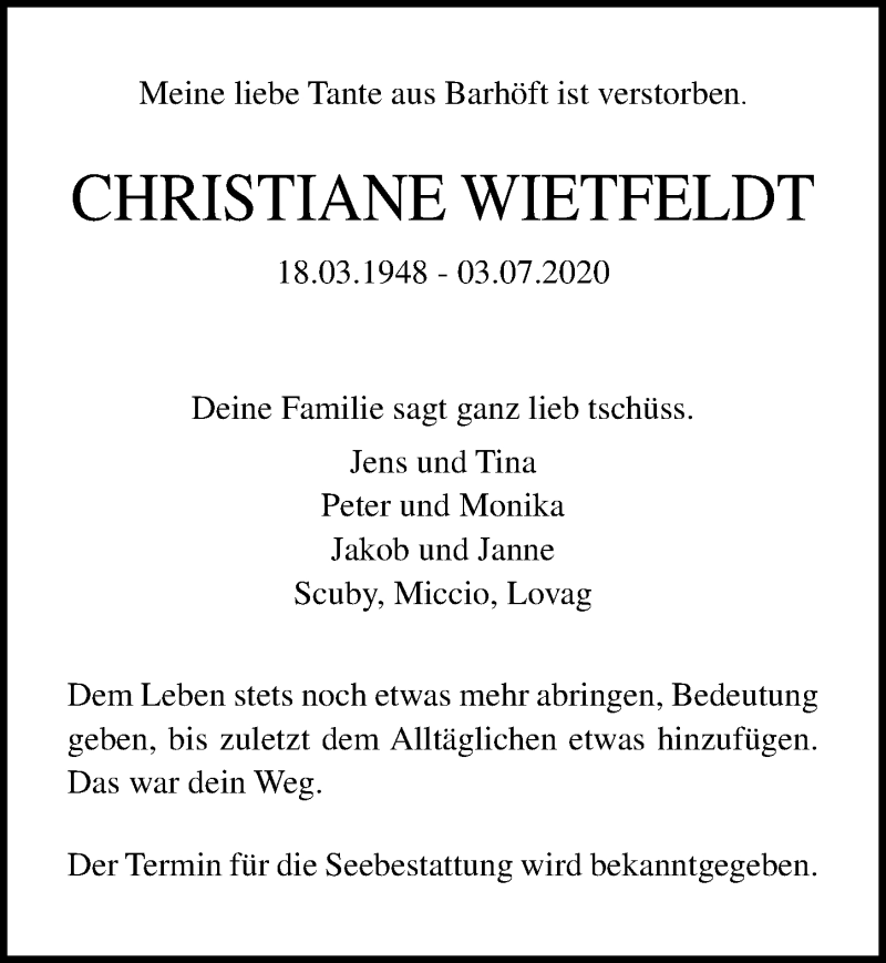  Traueranzeige für Christiane Wietfeldt vom 18.07.2020 aus Ostsee-Zeitung GmbH