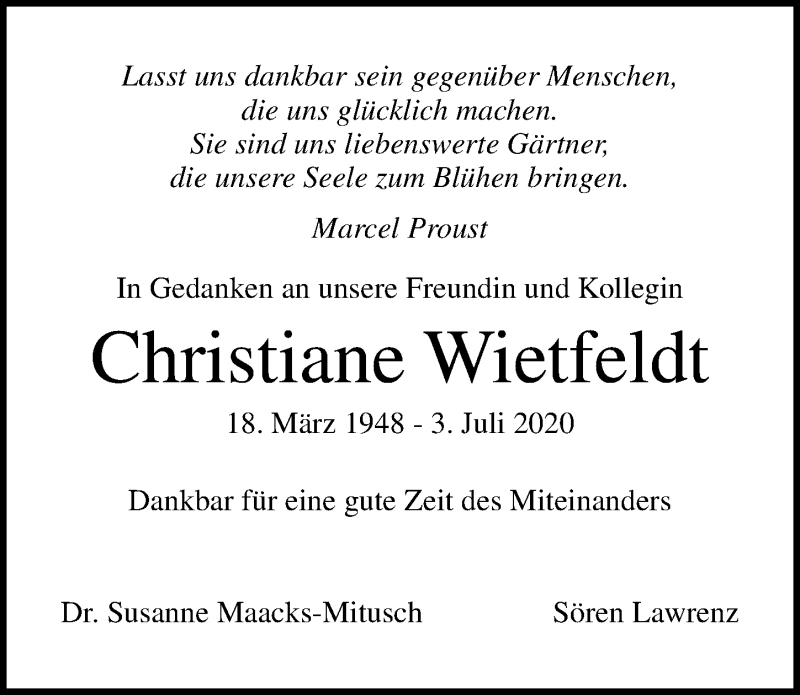  Traueranzeige für Christiane Wietfeldt vom 25.07.2020 aus Ostsee-Zeitung GmbH